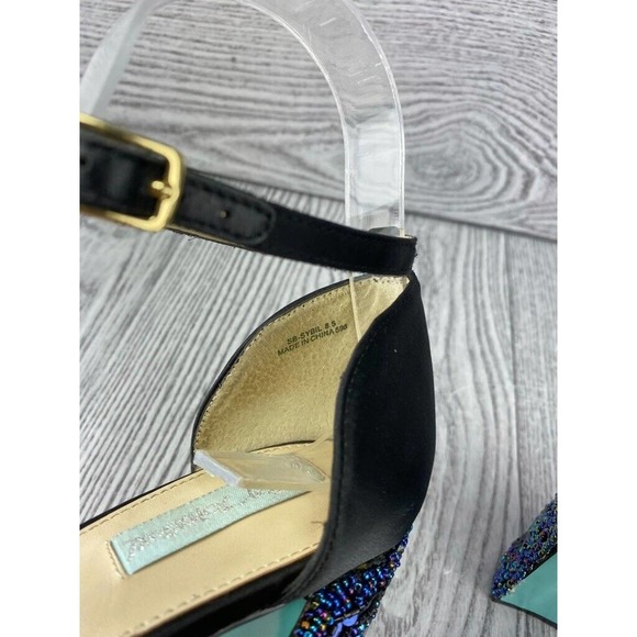 Blue by Betsey Johnson Embellished Black Silk Strap Block Heel Sybil Women's 8.5 - Picture 5 of 7